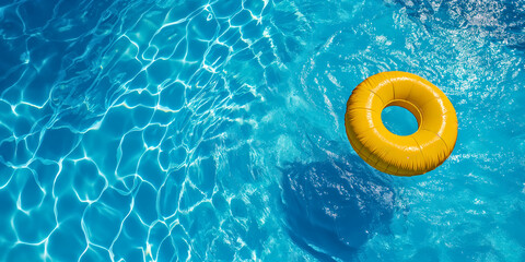 A yellow inflatable ring is floating in a pool.  Summer resort and water safety concept