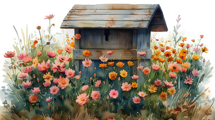 Fototapeta na wymiar Watercolor illustration of a mailbox and flowers. Spring and summer romantic illustration.