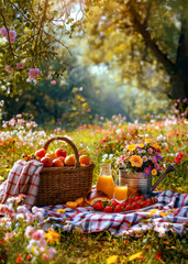 Summer Picnic scene is peaceful and relaxing in garden. A basket of food and drink, fruit and berries
