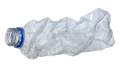 close up used transparent PET plastic water bottle on white background, sustainable environment concept.