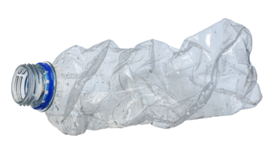 close up used transparent PET plastic water bottle on white background, sustainable environment concept.