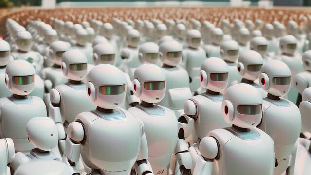 crowd of cloned robots in rows