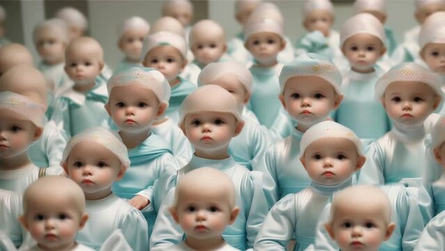 crowd of cloned children in rows