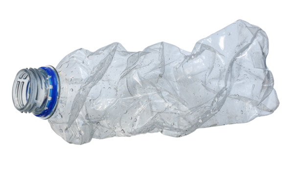 close up used transparent PET plastic water bottle on white background, sustainable environment concept.