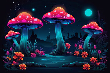 Dive into a fantasy landscape featuring isolated vector-style illustration of neon mushrooms, adding an otherworldly allure to your designs