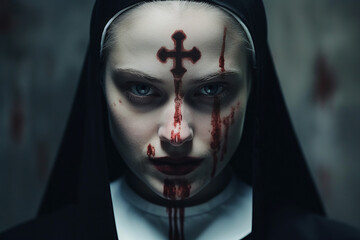 Generative AI picture of monastery sister nun priest cursed possessed with devil crying with blood - obrazy, fototapety, plakaty
