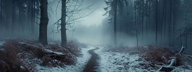 Solitary A distant wintry woodland enveloped in mist with a path winding into unfamiliar territory,...