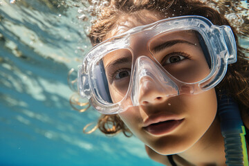 Fototapeta premium AI generated close up photo picture of happy diver swims underwater blue day light