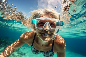 Fototapeta premium AI generated close up photo picture of happy diver swims underwater blue day light