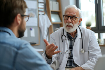 Senior doctor with a stethoscope giving medical advice to a male patient during a consultation in a clinic office. Generative AI