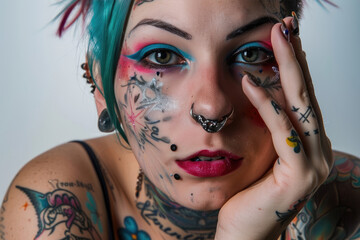 retrato profesional de una persona muy tatuada con con escarificaciones y modificaciones corporales además de tener el pelo de colores con un peinado alternativo - obrazy, fototapety, plakaty