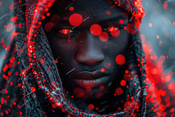 retrato de plano entero de una persona alternativa de raza subsahariana con un vestido rojo tradicional con un fondo texturizado luces de neón efecto de niebla - obrazy, fototapety, plakaty