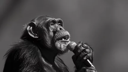 Tuinposter Garland clad monkey gripping a microphone stands at the brink of delivering a groundbreaking speech © Sara_P