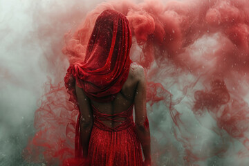 retrato de plano entero de una persona alternativa de raza subsahariana con un vestido rojo tradicional con un fondo texturizado luces de neón efecto de niebla - obrazy, fototapety, plakaty