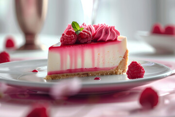 Tasty slice of cheesecake, with fruits and nice decoration, mint leaf