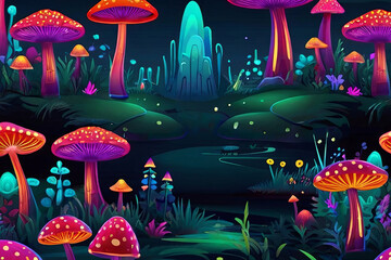 Dive into a fantasy landscape featuring isolated vector-style illustration of neon mushrooms, adding an otherworldly allure to your designs