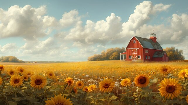 A red barn sits in a field of yellow flowers. A large field of sunflowers.