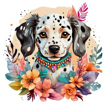 Watercolor illustration portrait of a cute adorable dalmatian dog animal with flowers on isolated white background.
