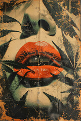 Un collage retro de estilo pasta de trigo con unos labios rojos fumando cannabis en un ambiente vintage.