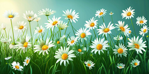 Fototapeta premium Beautiful field of daisies under the sunny blue sky, a picturesque summer landscape with vibrant flowers blooming