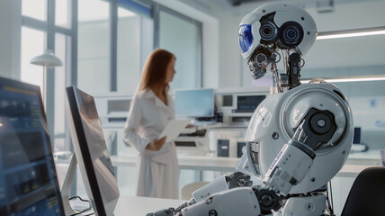 Shallow focus of robot working computer with business woman standing in background. Concept of collaboration or replacement between artificial intelligence robots and humans.