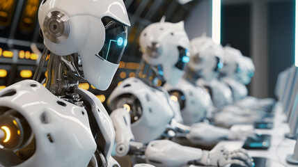 Fototapeta premium Shallow focus on the first of several robots sitting at a computer. Concept of collaboration or replacement between artificial intelligence robots and humans.