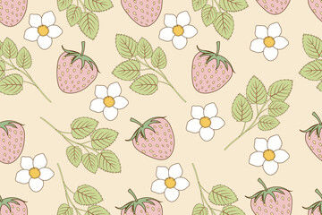Abstract contemporary seamless patterns with daisy flower and strawberry. Aesthetic backgrounds, wallpapers set, modern minimalist decoration, pink and green colors