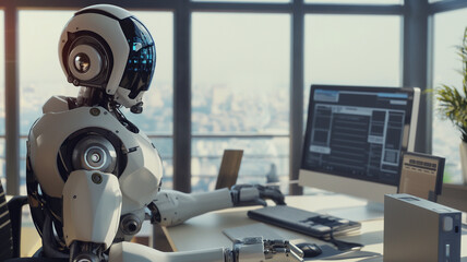 Shallow focus on face of robot sitting and working at a computer inside a high-rise office building. Concept of collaboration or replacement between artificial intelligence robots and humans