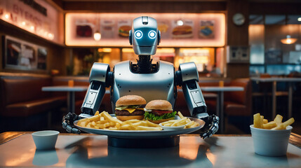 Futuristic humanoid robot working as waiter at fast food restaurant. Artificial intelligence, robotics concept