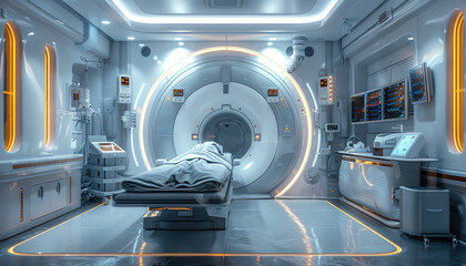 Fototapeta premium A hospital room with a large MRI machine by AI generated image