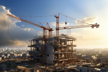 Fototapeta na wymiar A crane is working in the construction zone