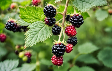 Ripe,ripening and unripe blackberries on blackberry bush in the garden.rubus fruticosus.
 - obrazy, fototapety, plakaty