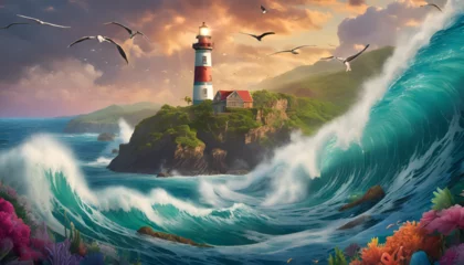 Foto op Canvas Lighthouse on a hill with stormy seas  © Brianna