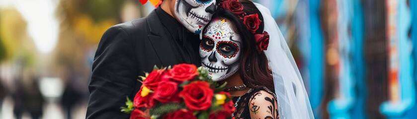 A couple dressed in formal attire with Day of the Dead face makeup holding a bouquet of red roses