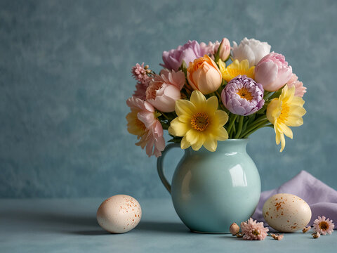 Easter Still Life: Vibrant Easter Eggs and Fresh Flowers in a Vase on a Pastel Background with Copy Space - Easter Card Design with Solid Light Blue Backdrop