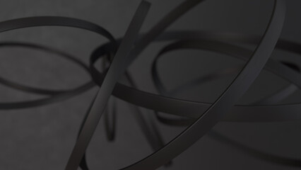 Black rings on the black background. Abstract dark background. 3d render illustration