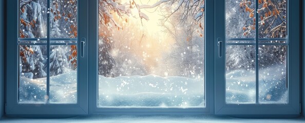 Snowy winter scene through a window, Generative AI 