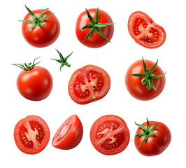 photorealistic photo of tomato slices and whole tomatoes on white background