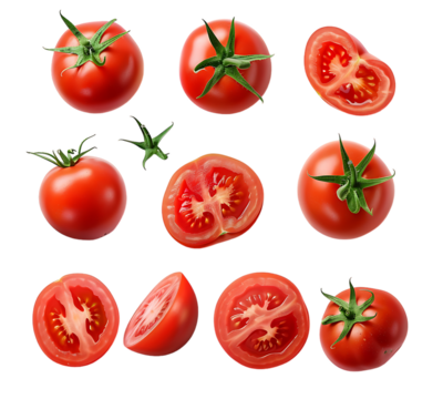 photorealistic photo of tomato slices and whole tomatoes on white background