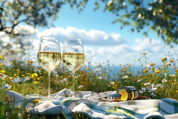 Picnic lunch outdoor with two glasses, bottle of white wine against the backdrop of a green morning forest or park