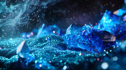 A large blue crystal sits on a pile of smaller blue crystals.