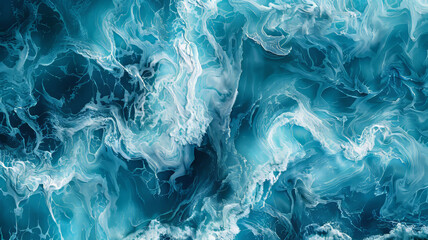 An aerial view capturing the dynamic movement of turbulent ocean waves with intricate textures.