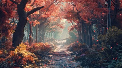 Craft an image of a serene journey through the concept of an autumn forest, with the path guiding towards a tranquil tropical nature setting - obrazy, fototapety, plakaty