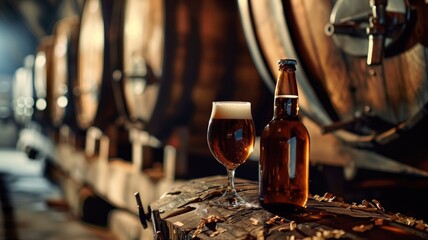 A glass of beer and a bottle on wooden barrel with brewery casks in the background