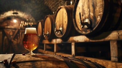A glass of beer on a barrel in traditional cellar with wooden casks