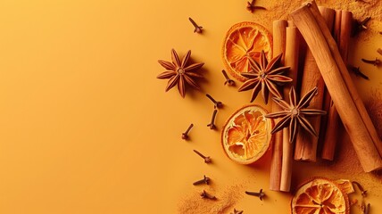 Various spices like star anise, cinnamon sticks, cloves, and orange slices on a vibrant background - obrazy, fototapety, plakaty
