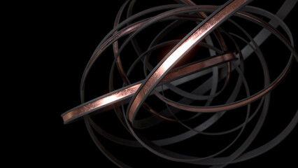 Abstract black and cooper rings isolated on black background. 3d render illustration