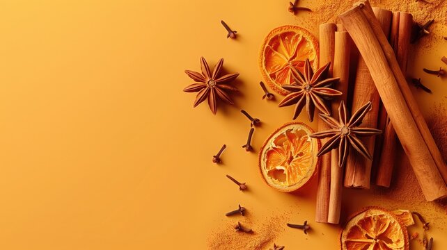 Various spices like star anise, cinnamon sticks, cloves, and orange slices on a vibrant background