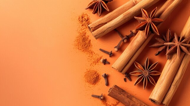 Cinnamon sticks, star anise, and cloves arranged on an orange surface with scattered cinnamon powder