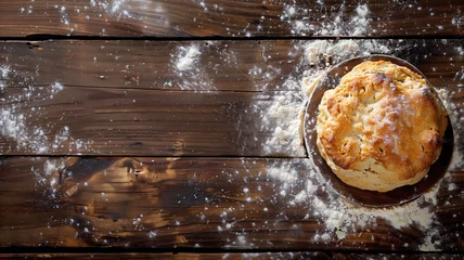 Foto op Plexiglas Freshly baked loaf of bread on a round wooden board with flour rustic table © Татьяна Макарова